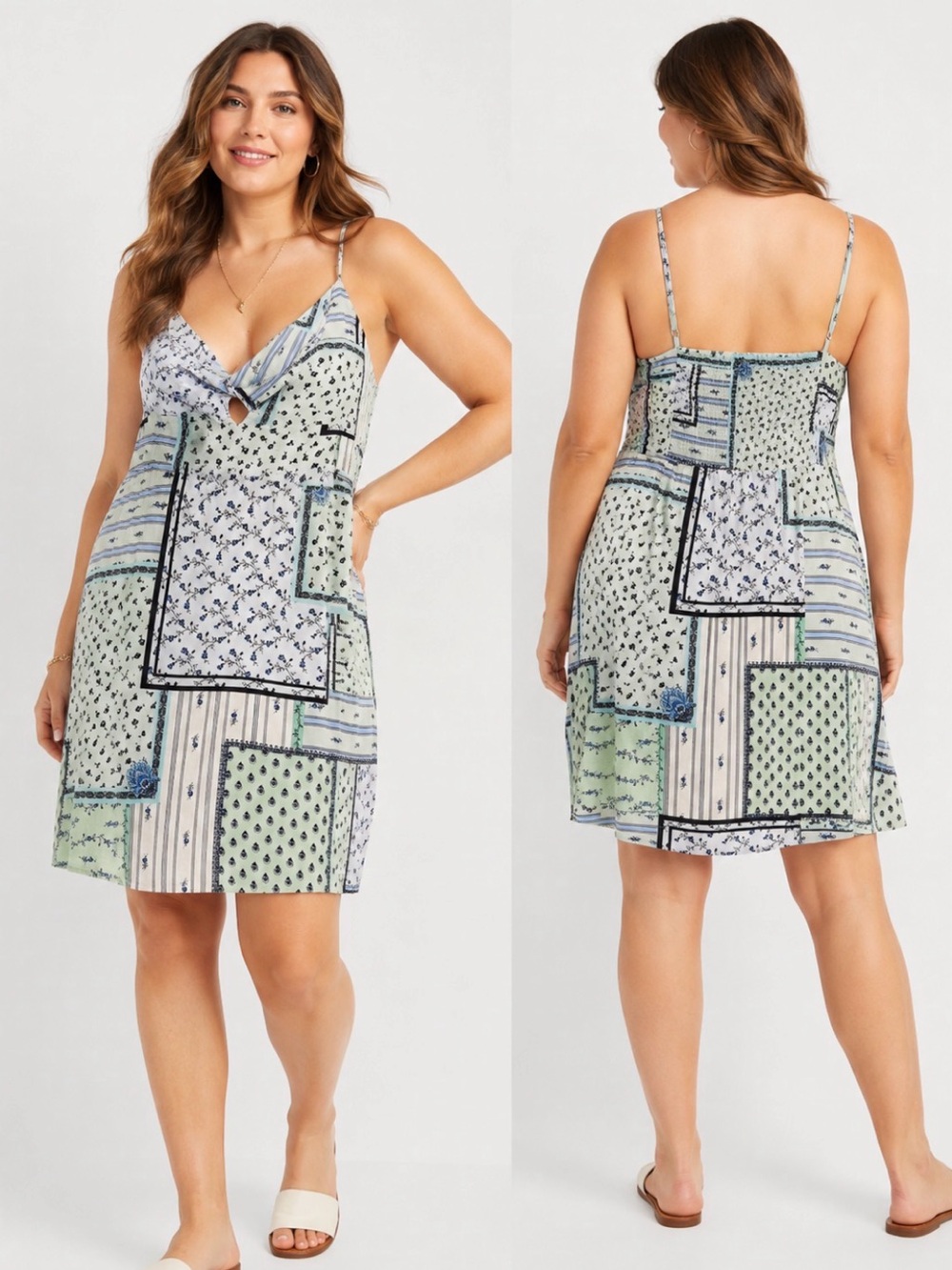 NWT LOFT Patchwork Floral Twist Front Cami Mini Dress Size 14 Adjustable Straps